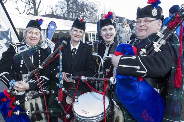 Members of Melrose and Jedburgh's pipe bands joined forces to entertain the crowds during intervals between sevens games