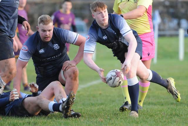 Cameron Easson getting a pass away during Selkirk's 50-17 loss at home to Marr at Philiphaugh on Saturday in rugby's Scottish Premiership (Photo: Grant Kinghorn)