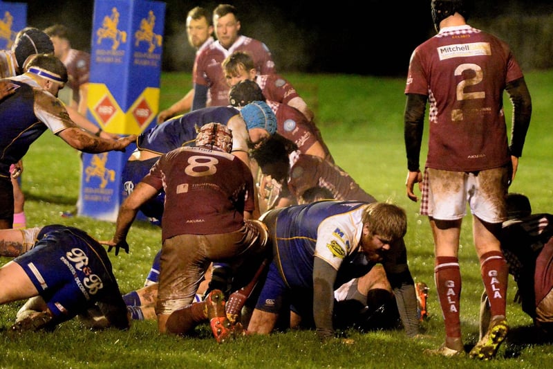 A Jed-Forest attack being halted during their 24-21 Border League loss at home to Gala on Friday (Photo: Alwyn Johnston)