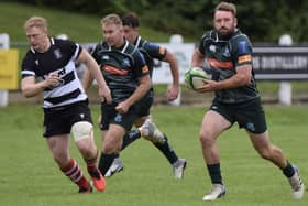 Lee Armstrong on the ball for Hawick during their 61-7 win at home at Mansfield Park to Kelso in September (Photo: Malcolm Grant)