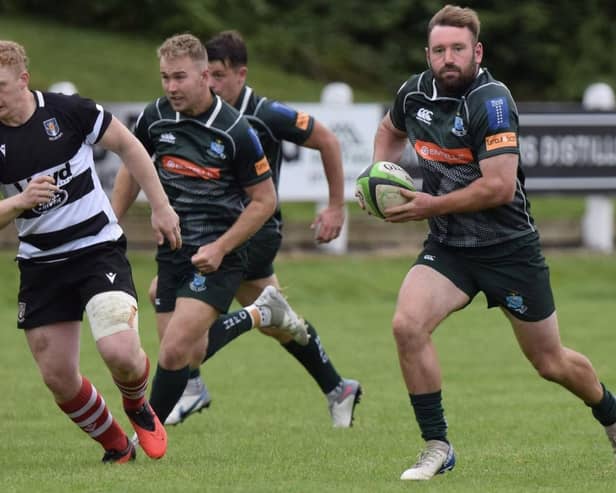 Lee Armstrong on the ball for Hawick during their 61-7 win at home at Mansfield Park to Kelso in September (Photo: Malcolm Grant)