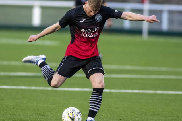 Calum Hall on the ball for Gala Fairydean Rovers versus East Kilbride at Netherdale at the weekend (Pic: Thomas Brown)