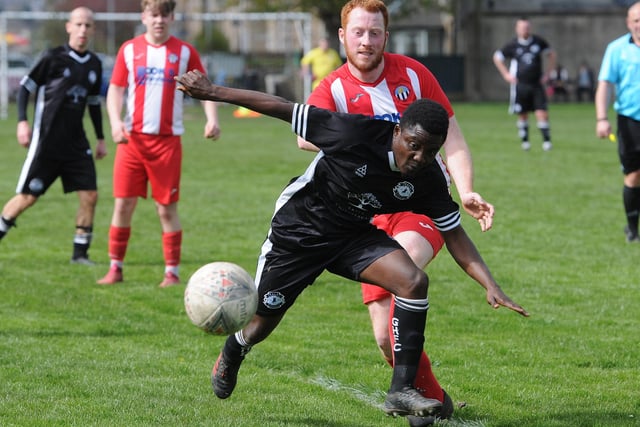 Joseph Agyei Owusu in possession during Gala Hotspur's 4-2 win at home to Kelso Thistle at Galashiels Public Park on Saturday in the Border Amateur Football Association's B division (Photo: Grant Kinghorn)