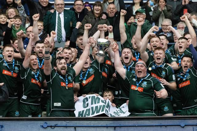 Hawick players celebrating winning rugby's Scottish Cup final against Marr on Saturday (Photo: Mark Scates/SNS Group/SRU)