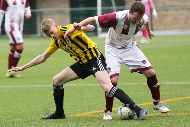 Ryan Grant in action for Langlee Amateurs as they won their Beveridge Cup quarter-final at Langholm Legion on Saturday by 8-2 (Photo: Brian Sutherland)