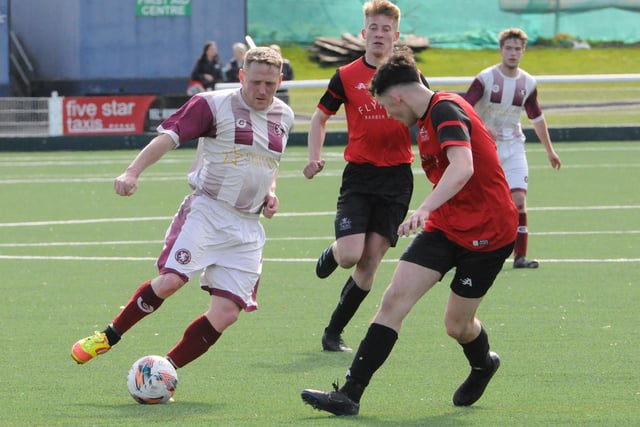 Des Sutherland on the attack during Langlee Amateurs' 5-1 loss to Kirkfield United on Saturday in 2024's South of Scotland Amateur Cup final at Netherdale in Galashiels (Photo: Grant Kinghorn)