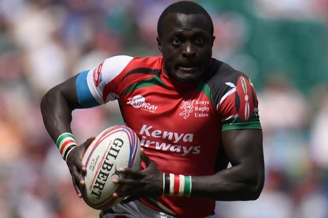 Collins Injera playing rugby sevens for Kenya versus Samoa in London in 2015 (Photo by Christopher Lee/Getty Images)
