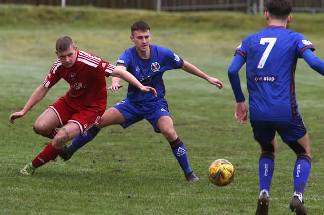 James Stewart in action for Hawick Royal Albert during their 4-1 defeat at home to Easthouses Lily Miners’ Welfare on Saturday (Photo: Steve Cox)