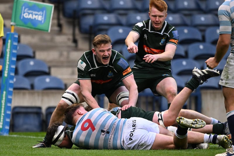 Connor Sutherland scoring a try during Hawick's 32-29 Scottish cup final win against Edinburgh Academical at the capital's Murrayfield Stadium on Saturday (Photo: Paul Devlin/SNS Group/SRU)