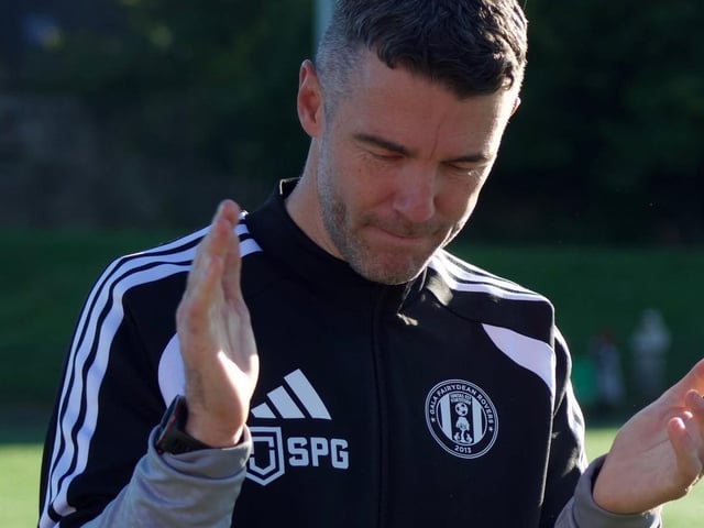 Gala Fairydean Rovers interim manager Steven Noble applauding his players after their 5-1 win away to Dunipace at Westfield Park on Saturday (Photo: Gala Fairydean Rovers)
