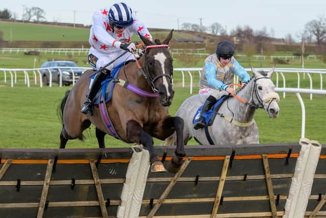 Edward Austin riding Dancewiththewind to victory at Kelso on Friday for Camptown's Harriet Graham and Gary Rutherford (Pic: Alan Raeburn/Kelso Races)