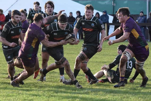 Flanker Connor Sutherland on the attack for Hawick during their 29-10 victory at Marr on Saturday (Photo: Malcolm Grant)