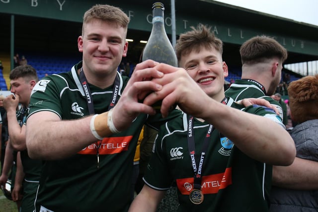 Winning try-scorer Ronan McKean and Hector Patterson celebrating at Hawick's Mansfield Park on Saturday