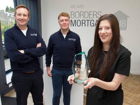 Borders Mortgage Hub, Galashiels, recently won a business award. Director Robin Purdy, mortgage advisor Lyle Campbell and Laura Duncan, office manager. Missing from the photograph is Ashley Scott, case manager. (Photo: BILL McBURNIE)
