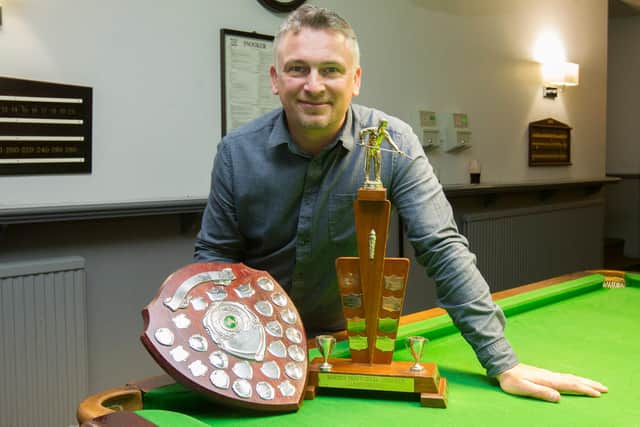 Lee McAllister with his Borders snooker championship trophy (Photo: Bill McBurnie)