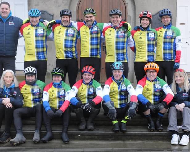 The Cycling Souters and their support team at Selkirk Town Hall this morning (Photo: Grant Kinghorn)