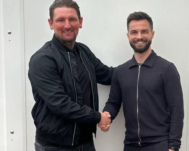 New signing Keaghan Jacobs, right, with Gala Fairydean Rovers manager Martin Scott (Pic: Gala Fairydean Rovers)