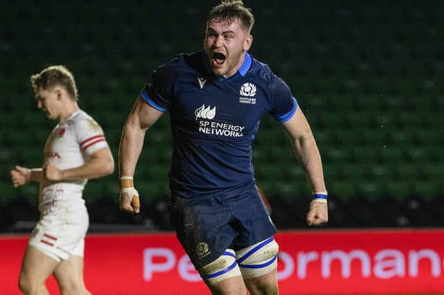 Scotland under-20 Rudi Brown celebrating after scoring a first-half try against England at Twickenham Stoop in London last Friday (Photo by Craig Williamson/SNS Group/SRU)