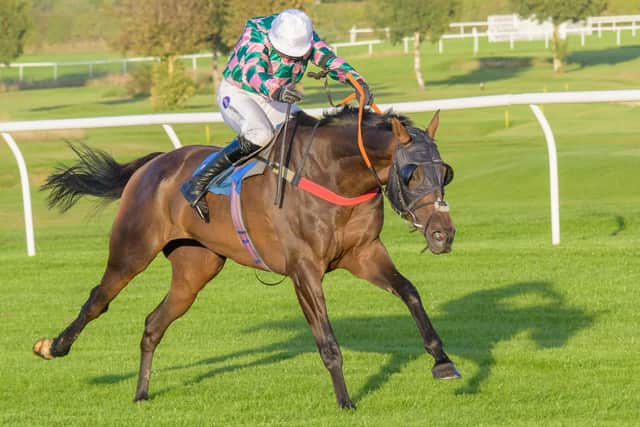 10/11 favourite Getaman winning the 6.15pm Kelso Races Supporting the Community Novices’ Handicap Chase at the Borders track on Wednesday, ridden by Kielan Woods and trained in Worcestershire by David Jeffreys, a nephew of late former Kelso Racecourse chairman Johnny Jeffreys (Photo: Kelso Races)