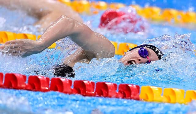 Great Britain's Lucy Hope competes in a heat for the Womens 200m Freestyle Swimming event during the LEN European Aquatics Championships at the Duna Arena in Budapest on May 19, 2021. (Photo by Tobias SCHWARZ / AFP) (Photo by TOBIAS SCHWARZ/AFP via Getty Images)