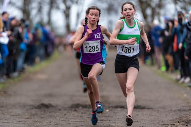 Kirsty Rankine, right, of Gala Harriers, scored an excellent top 10 finish among the U13 girls (picture by Bobby Gavin)
