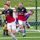 Gala Fairydean Rovers defender Aidan Cassidy celebrating scoring during their 4-1 win at home to Open Goal Broomhill on Saturday (Photo: Thomas Brown)