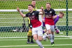 Gala Fairydean Rovers defender Aidan Cassidy celebrating scoring during their 4-1 win at home to Open Goal Broomhill on Saturday (Photo: Thomas Brown)