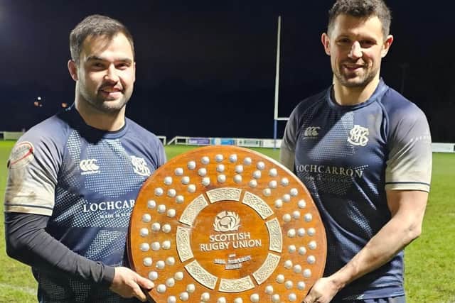 Selkirk players Aaron McColm, left, and Ross Nixon celebrating winning the Bill McLaren Shield by beating Musselburgh on Saturday, December 16 (Pic: Selkirk RFC)