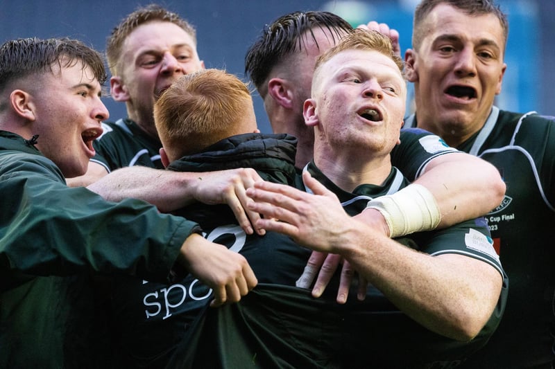 Hawick players celebrating Fraser Renwick's try against Marr during Saturday's Scottish cup final at Edinburgh's Murrayfield Stadium