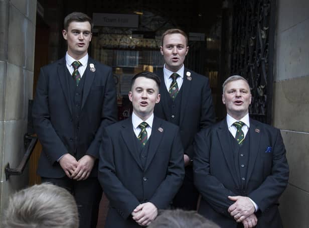 Right hand man Connor Brunton, Hawick Cornet Greig Middlemass, left hand man Gareth Renwick and acting father Alan Brown lead the signing outside Hawick Town Hall on Wednesday night. Photo: Bill McBurnie