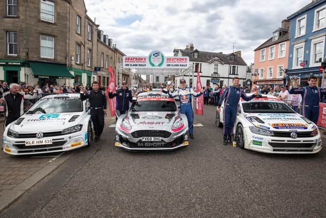 2023 Jim Clark Rally winner Adrien Fourmaux and co-driver Alex Coria, with runners-up Keith Cronin and Mikie Galvin, right, and third-placed Euan Thorburn and Paul Beaton, left (Photo: British Rally Championship)