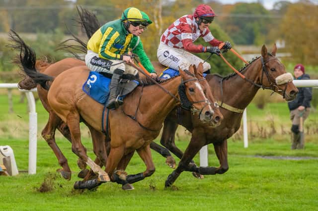 Ryan Mania riding Sirwilliamwallace, right, to victory for father-in-law Sandy Thomson in the 1.43pm feature race at Kelso on Saturday (Photo: Kelso Races)