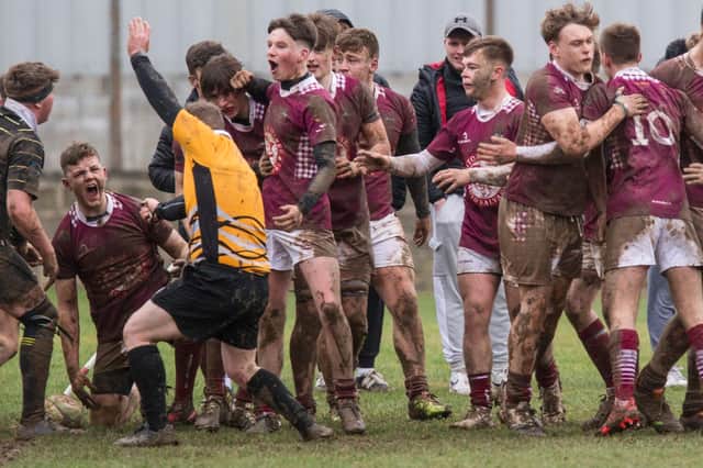 Ben Young celebrating scoring for Gala Wanderers against Melrose Wasps (Photo: Bill McBurnie)