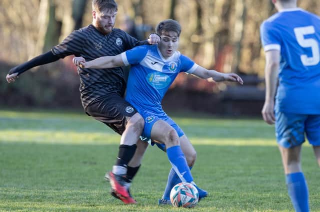 David Brown on the ball during Earlston Rhymers' 6-3 Scottish Amateur Cup fourth-round victory at home to Craigneuk Thistle at the beginning of January (Photo: Brian Sutherland)