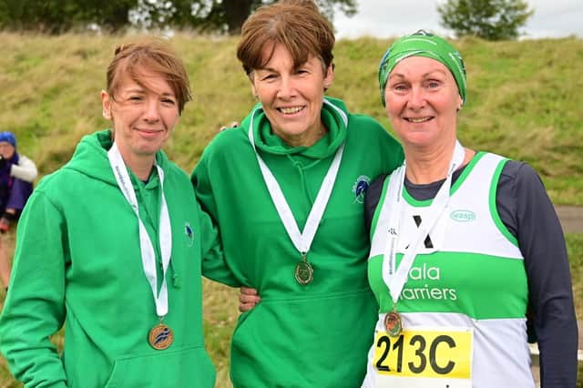 Gala Harriers, from left, Julie Johnstone, Lindsay Dun and Carole Fortune won a bronze medal in their class at Saturday's national cross-country relay championships in Perth