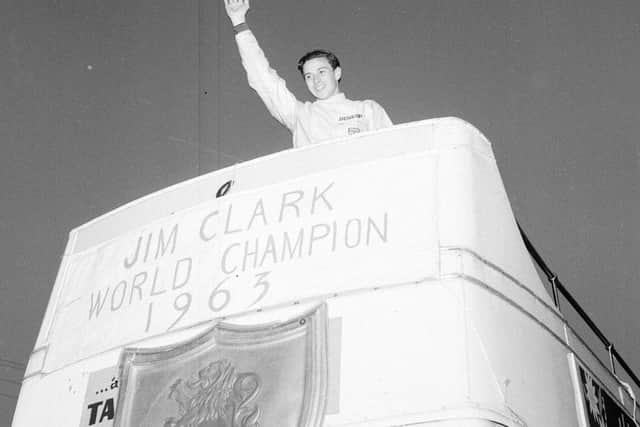 Jim Clark celebrates his first world title with an open top bus tour in Berwickshire in September 1963.