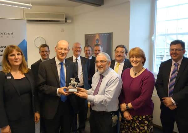 To mark five years since the first meeting of the South of Scotland Alliance and the Cabinet Secretary for Finance, Employment and Sustainable Growth, Alliance chair Councillor Stuart Bell made a presentation to John Swinney MSP of a Border Reiver statue.
