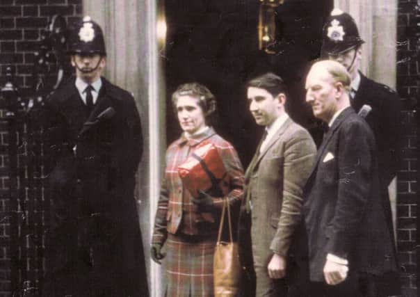 Madge Elliot, Sir David Steel and the Earl of Dalkeith in Downing Street before they handed in the petition against the proposed closure of the Waverley line