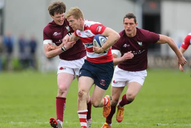 Gregor Young (background) in action for Gala  at Kelso sevens.