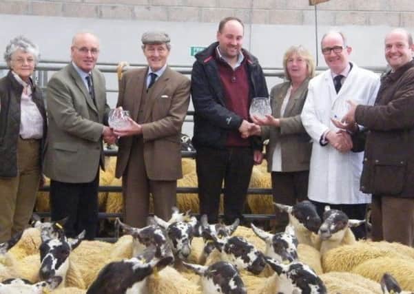 Pictured left to right are: NSA Scottish Region Treasurer Mamie Paterson; John Macfarlane; NSA President the Duke of Montrose; Iain Macfarlane; NSA Scottish Region Chairman Sybil MacPherson; David Leggat; NSA Scottish Region Development Manager George Milne.
The group are a pen of Scotch Mule ewe lambs owned by the Duke of Montrose, which sold at the sale for £138 per head.