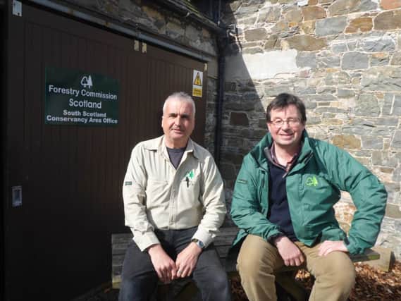 Steve Morgan, the new tree health officer for the south of Scotland, is welcomed to his new post by Iain Laidlaw, the Forrestry Commissions operations manager in the Scottish Borders