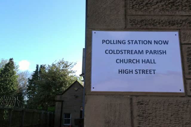 The sign on the side of the Rodger Hall redirecting lost voters to Coldstream's new polling station