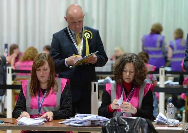 The ballot boxes arrive at Springwood Hall Kelso to be counted for the Berwickshire, Roxburgh and Selkirk constituency 
General Election 2015
Calum Kerr SNP