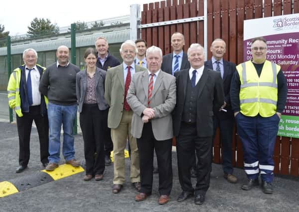 A new community recycling centre has opened in Kelso. Councillors David Paterson, Tom Weatherston,  Simon Mountford and Alec Nicol are pictured with SBC staff