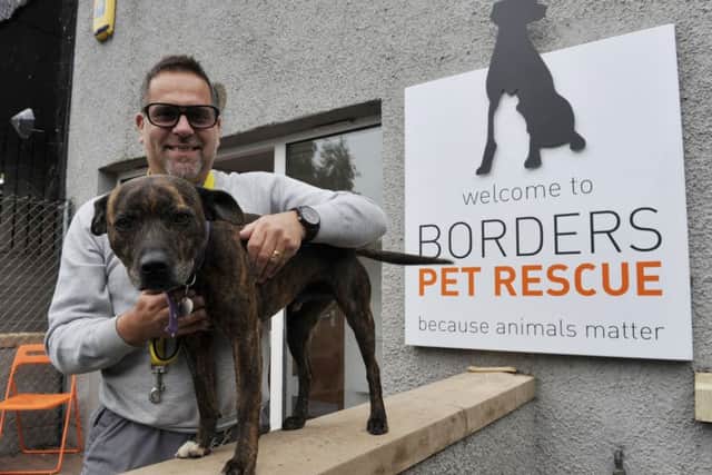 Manager of Borders Pet Rescue in Earlston, Simon Callum with Spike the Staffordshire Bull Terrier.