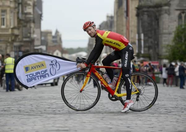 Professional Lothians based cyclist Evan Oliphant celebrates the Scottish stages of the Aviva Tour of Britain 2015 race. Edinburgh will host the start ofthe Scottish Stage of the race on 9th September.