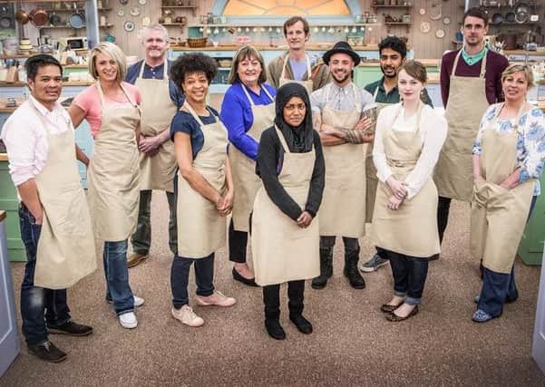Alvin, Ugne, Paul, Dorret, Marie, Ian, Nadiya, Stu, Tamal, Flora, Mat and Sandy  the contestants for this years BBC1s cookery contest, The Great British Bake Off.