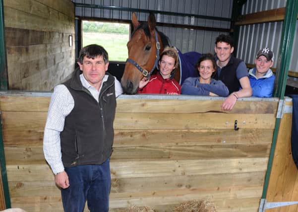 Sandy Thomson and the stable team with See You At Midnight
(l-r) Sandy Thomson, Rhona Pindar, Rachael McDonald, Darrin Robson, and Ryan Nichol