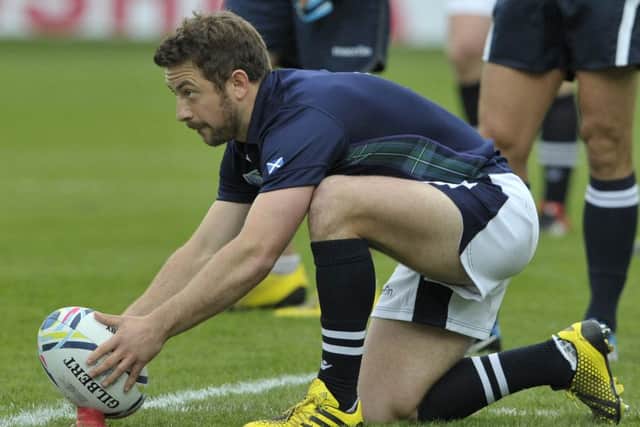 23/09/15. Rugby World Cup 2015. Pool B match: Scotland v Japan,  Kingsholm Stadium, Gloucester. Scotland Captain Greig Laidlaw lines up a penalty kick. 
 Picture Ian Rutherford