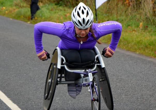 Jedburgh wheelchair racer Gemma Scott competing in the Jedburgh Running Festival Wheelchair 10k. Photograph by Steven Somerville.